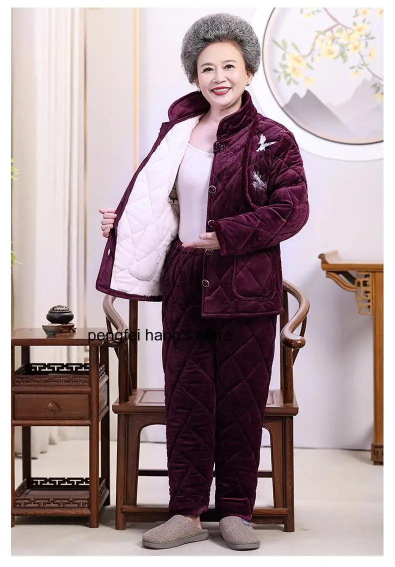 Middle Aged Ladies Thick Fleece Flannel Sleepwear Set Winter Plus Size Loose Soft Long Sleeve Two Piece Home Loungewear