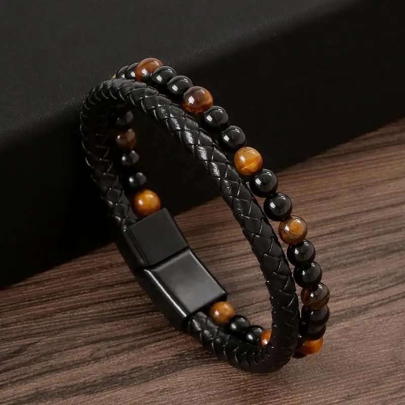 Punk Leather Bracelets Two Layer Yellow Tiger Eye Beads Braided Bracelets for Men Hip Hop Bangles Hand Jewelry Gift