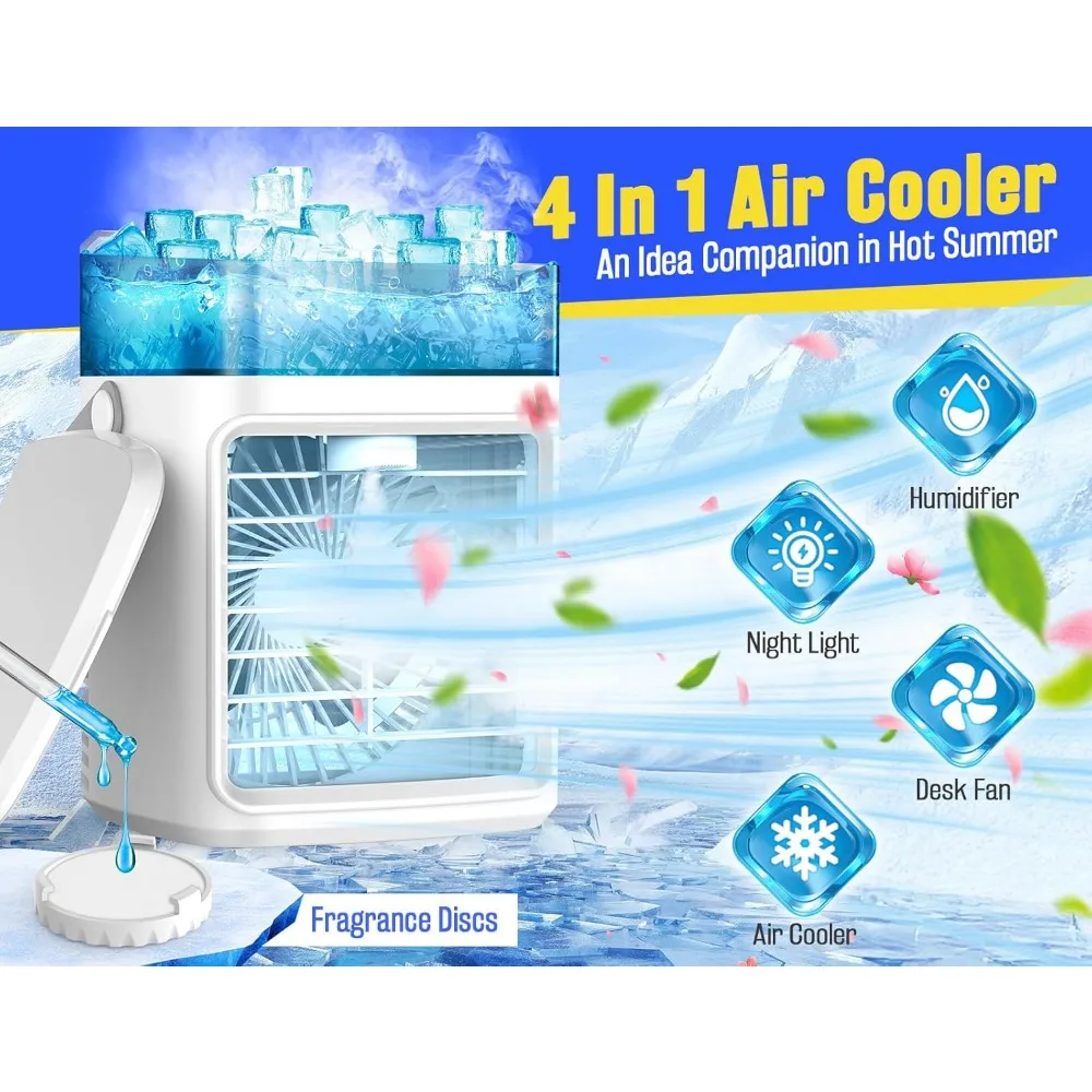 Portable Air Conditioners Fan, Rechargeable 4-IN-1 Evaporative Air Cooler Humidifier, 3-Speed Personal Mini Air Conditioner