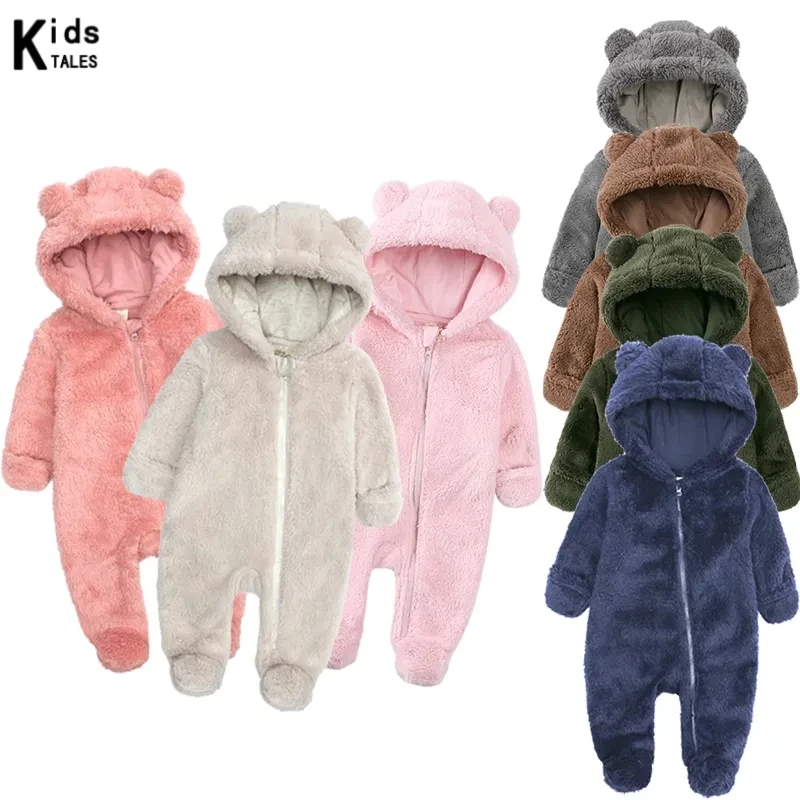 2024 Winter Thicken Fleece Newborn Baby Romper Soild Cotton Hoodies Infant Girl Onesie Toddler Boy Jumpsuits Warm Casual Outfits