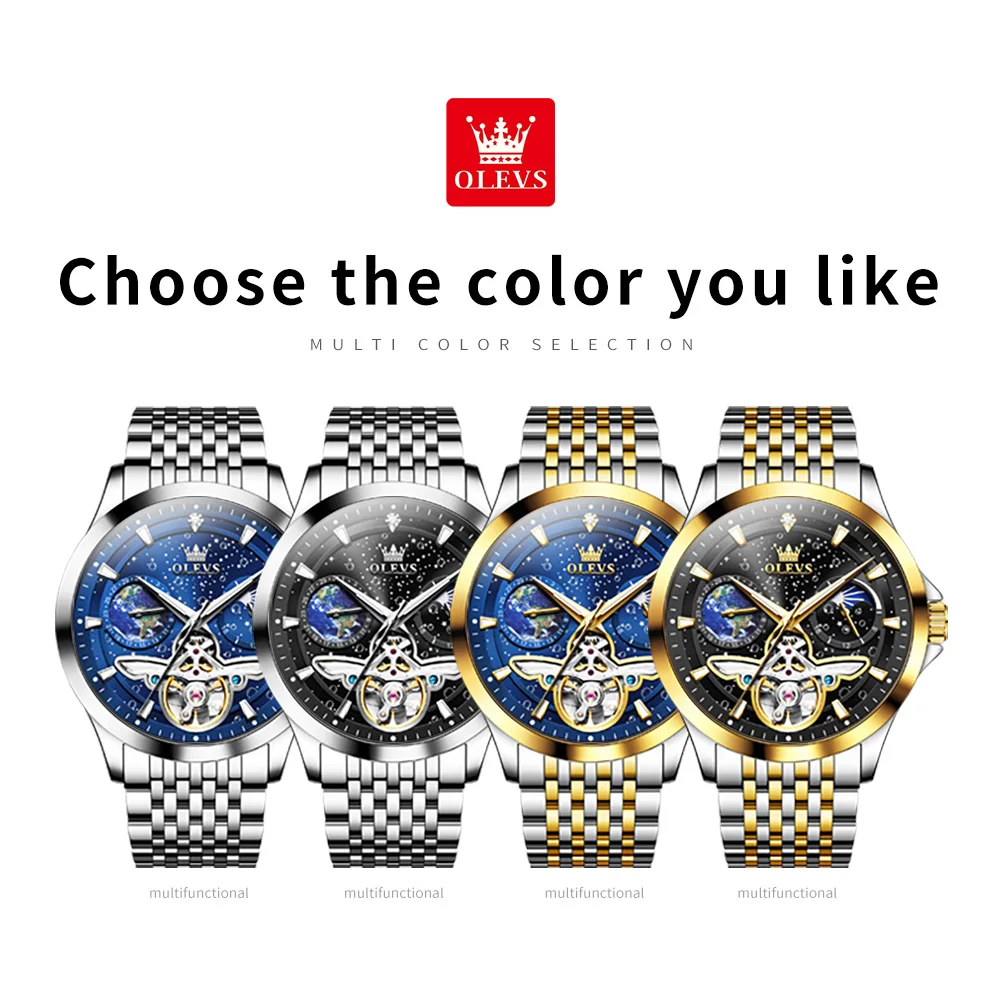 OLEVS 6705 Orologi da uomo Luxury Business Oro blu Orologio da polso meccanico automatico originale per uomo Movimento volano impermeabile
