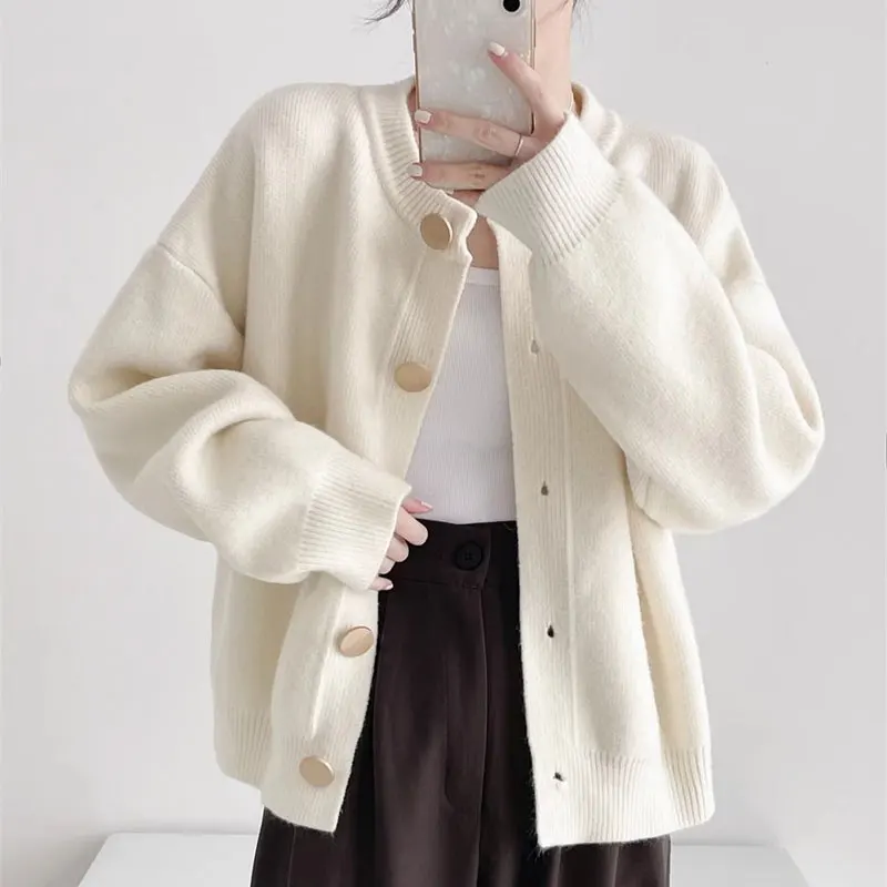 

Casual Solid Color Knitted Cardigan Female Clothing Single-breasted Autumn Winter Long Sleeve All-match Loose O-Neck Sweaters