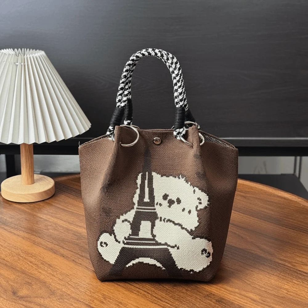 Fashion Cartoon Knitted Bucket Bag Large Capacity Handmade Wrist Bag Woven Ring Buckle Tote Bag for Women Girls