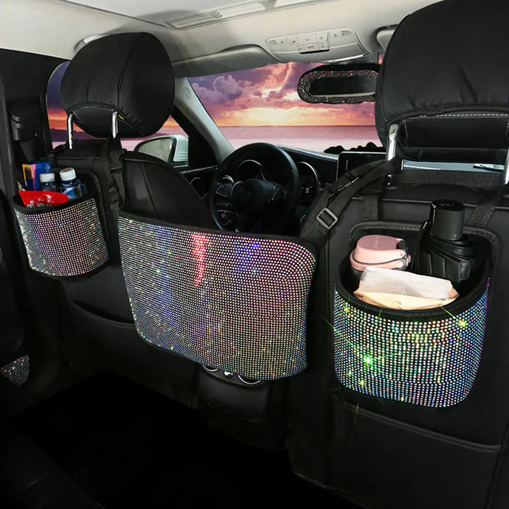 

1 pc Large Capacity Mesh Car Storage Bag Seat Back Organizer Hanging Automotive Net Bag Rhinestone Decor Durable Handbag Holder
