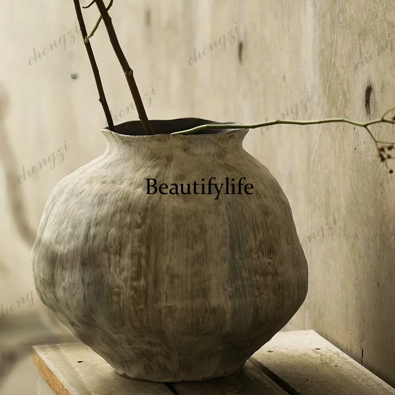 Handmade large ceramic pot Zen dried flower ornament living room flower arrangement decoration retro vase