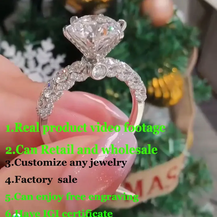 

Real product video Lab Growing Diamond Ring Round D Color 1 2 3Ct Solid 14K White Gold Ring wedding ring factory made
