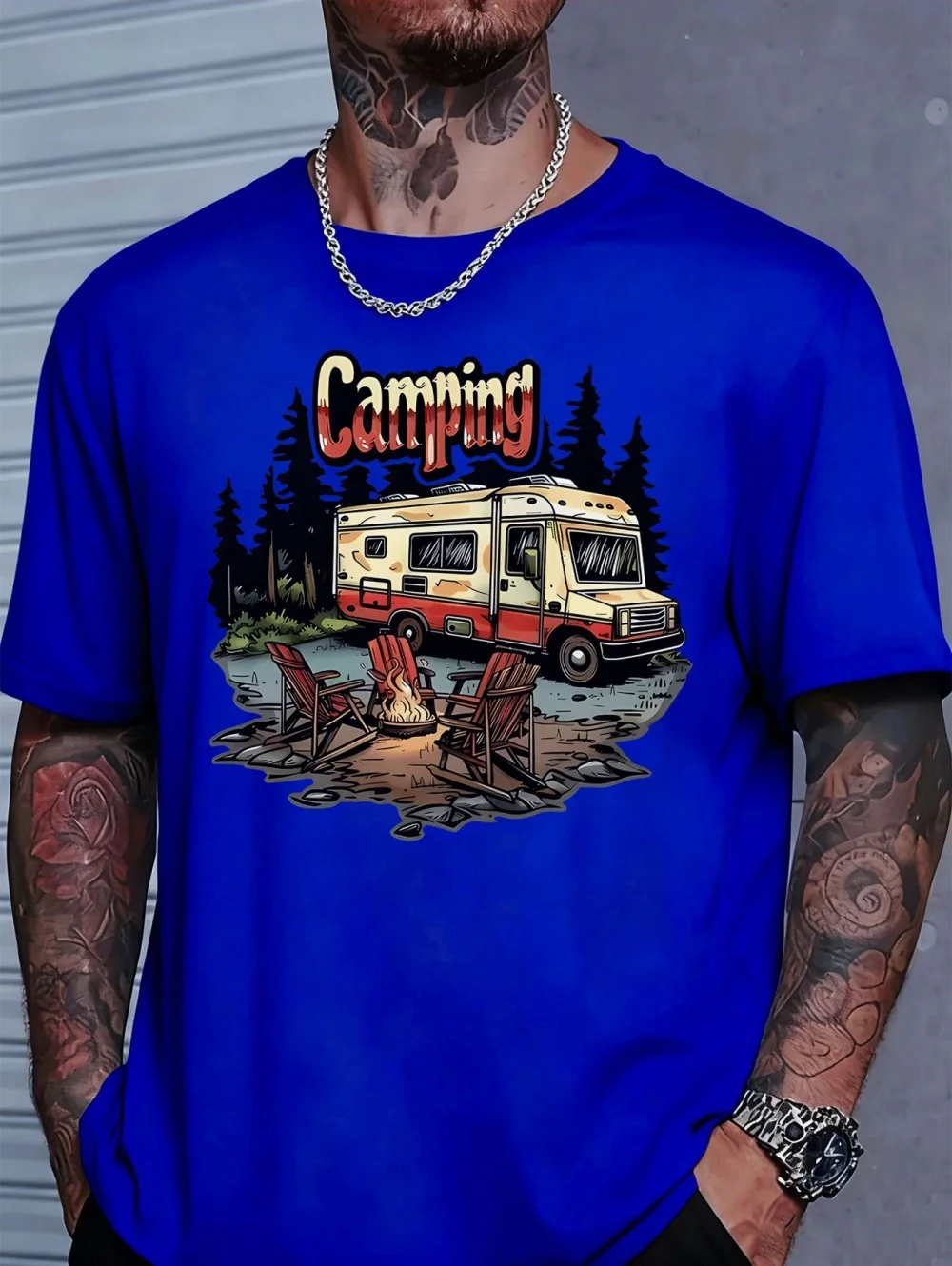 

Men's Casual Loose T-Shirt Trendy Car Bus Letter Pattern Print Comfortable Round Neck Short Sleeved Daily Street Y2k Clothes Man