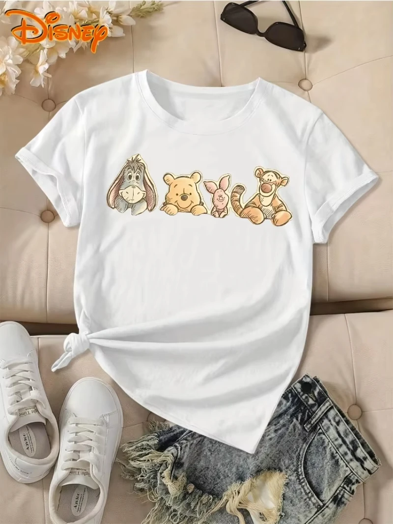 تي شيرت نسائي من Disney بأكمام قصيرة من Winnie The Pooh Tigger Piglet Eeyore مطبوع برقبة دائرية تي شيرت كاجوال متعدد الاستخدامات على الطراز القديم #2