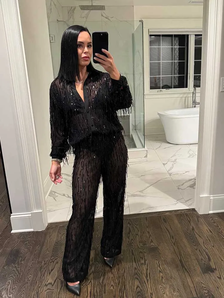 2 Piece Set Women Party Pants Sets Long Sleeve Tassel Sequins Top and Long Trouser Nightclub Wear Two Piece See Through Outfits