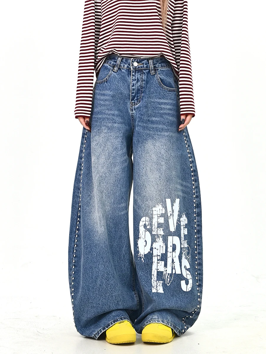 

Женские джинсы Waed Denim: Новинка Весны, Свободный крой, Уличный стиль, С вышивкой букв, Широкие штанины, Удобная посадка, Высокая талия