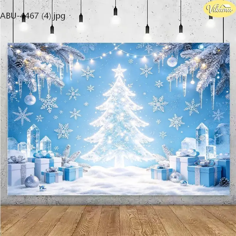 VIKAMA Ice Blue Winter Christmas Tree Photography Backdrop Crystals Snowflakes Gifts Xmas Family Photo Booth Background