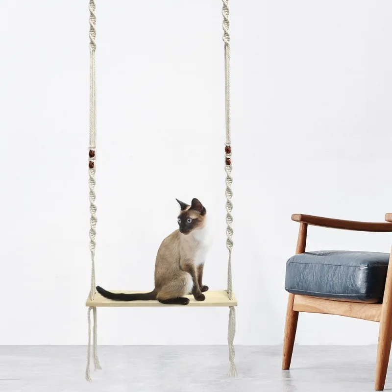 Nordic Pet Swing Handmade Cotton Rope Toy Wooden Outdoor Hammock Cozy Boho Pet Macrame Hanging Swing Pet Furniture