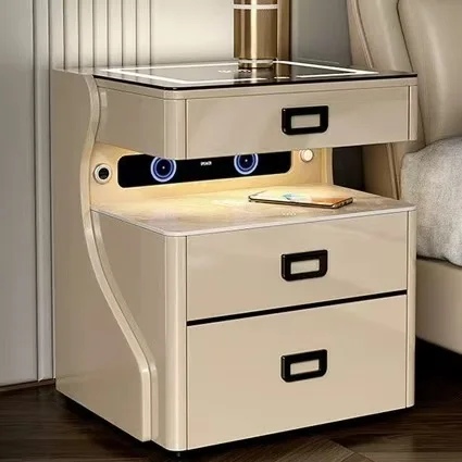 طاولة بجانب السرير الذكية الفاخرة الحديثة مع أضواء LED شحن لاسلكي، أثاث تخزين خشبي لغرفة النوم ومكبر صوت بلوتوث آمن