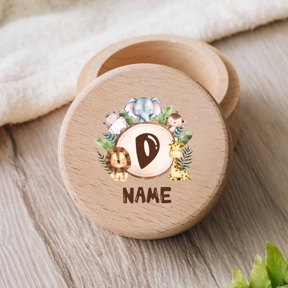 Customized Name Animal Print Baby Tooth Box Personalized Boys Girls Wooden Trinket Child Tooth Fairy Box Christening Gift