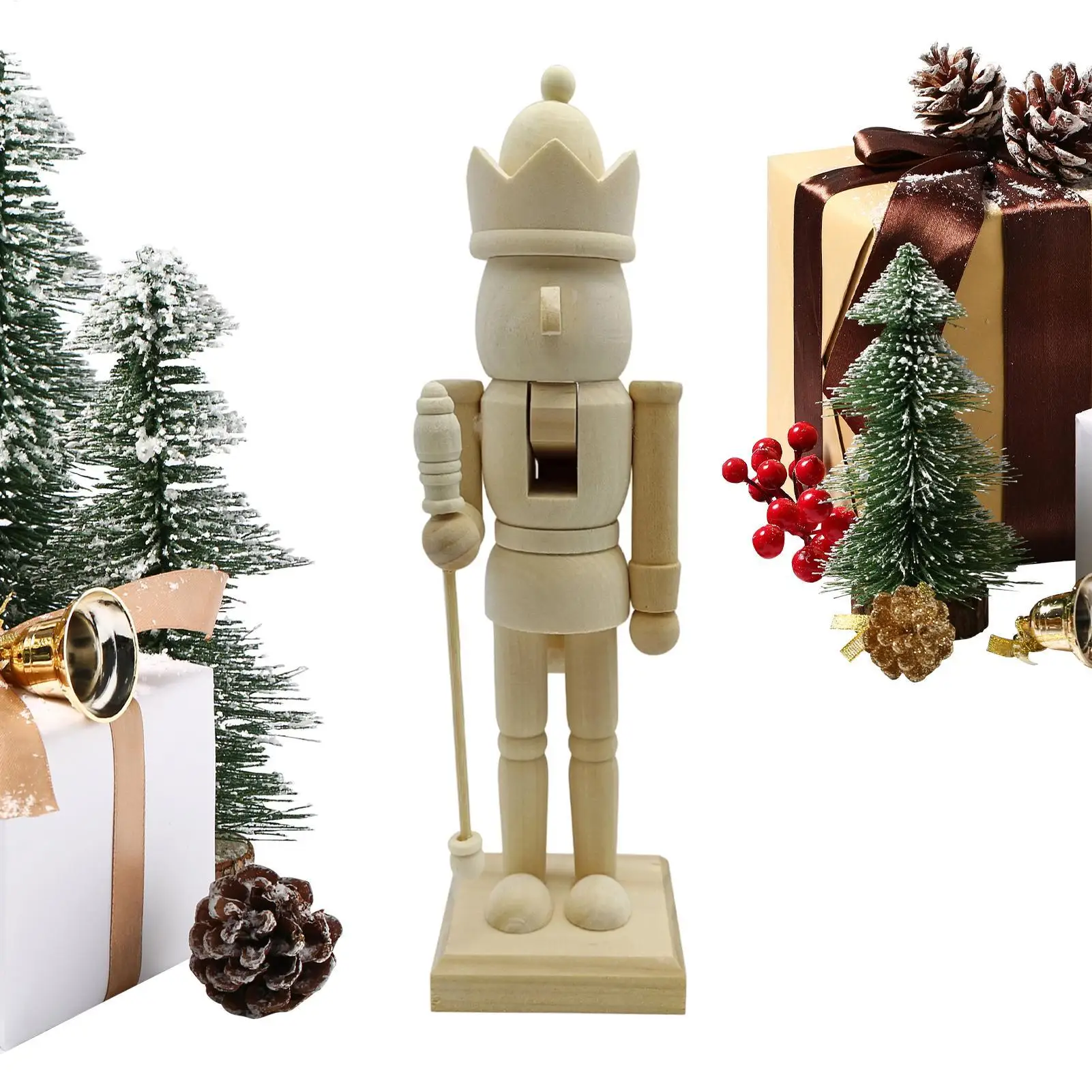 Unpainted Wooden Nutcracker Handmade Christmas Ornament for DIY Painting, Xmas Fireplace Mantle Decor, Living Room Display