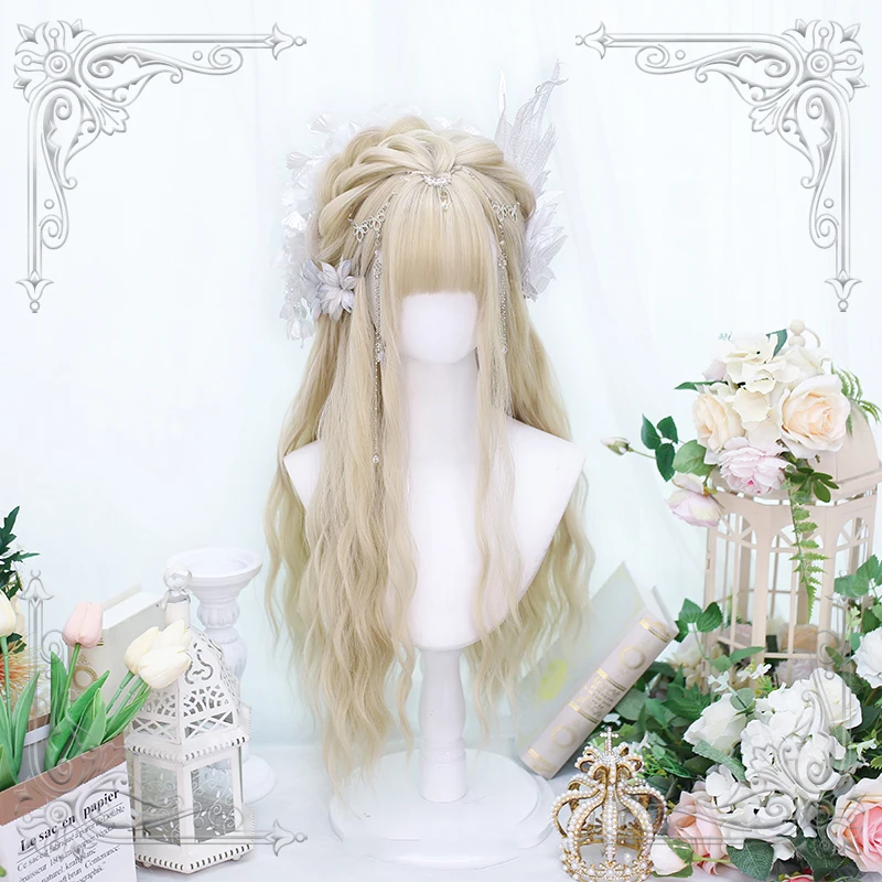 L-email wig Synthetic Hair Blonde Lolita Wigs Women's Long Wavy With Bangs 65cm 25.6inches Wig Kawaii Heat Resistant Party Wigs