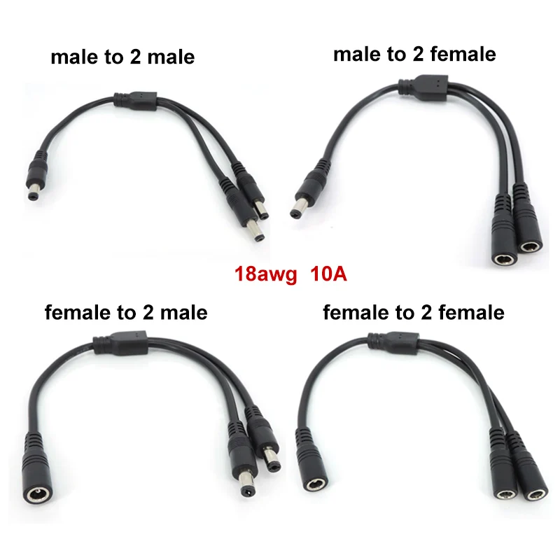 18awg 10A 1-36v 2 vías 1 macho hembra a 2 macho hembra Cable adaptador de fuente de alimentación CC 5,5mm x 2,1mm conector divisor extensión de