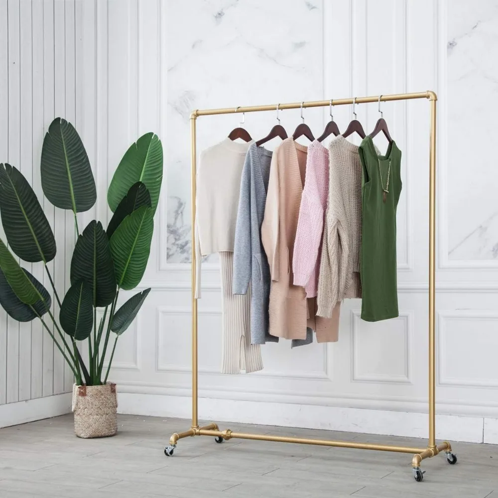 

(Gold,1Pipe,47Wx63Tx16D)Industrial Pipe Clothing Rack,Vintage Commercial Grade Pipe Clothes Racks,Rolling Rack for Hanging Cloth
