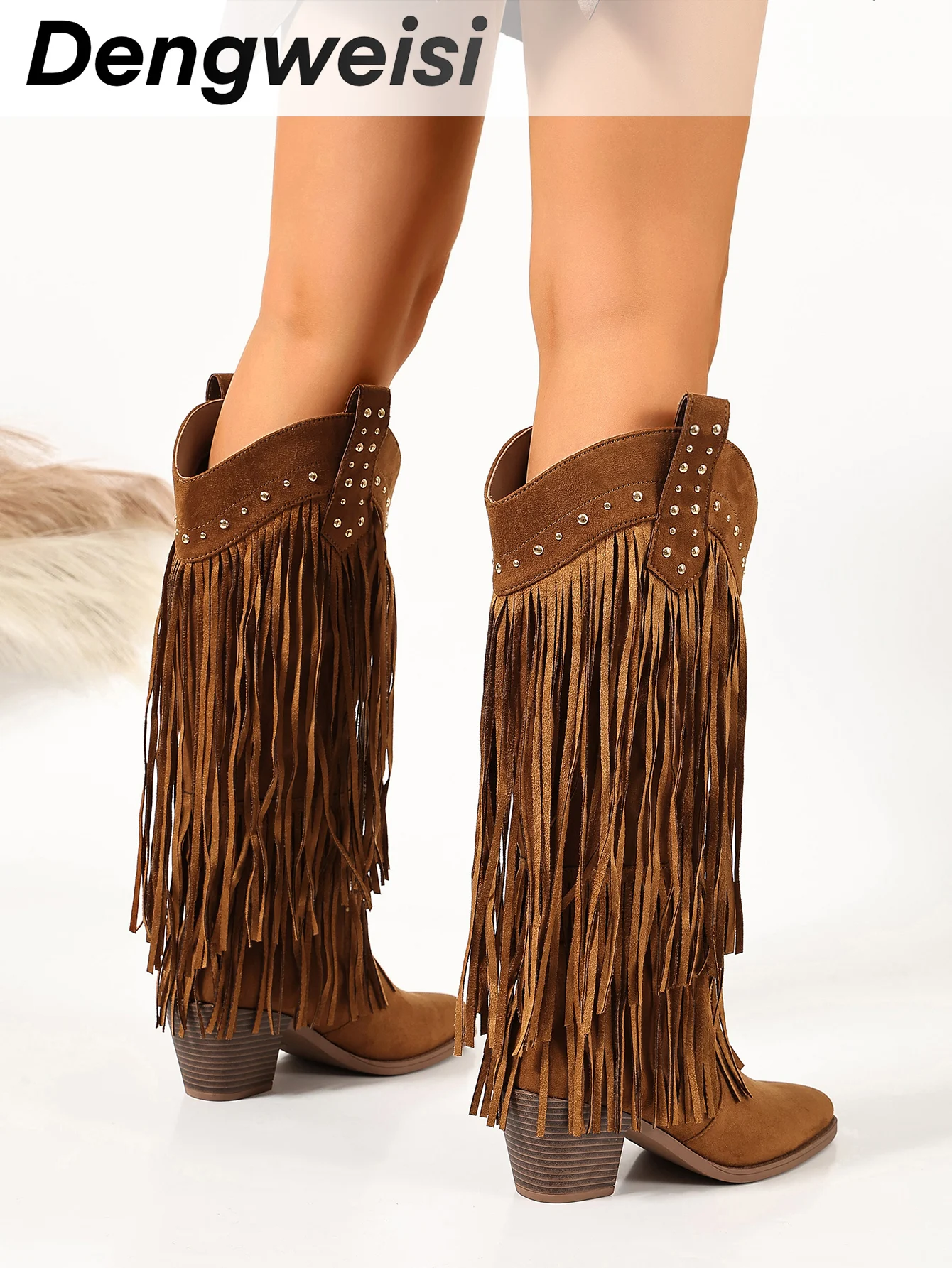 Damen-Langstiefel, Retro-Quasten-Westernstiefel, Damen-Herbst- und Winterstiefel mit dickem Absatz, mittelhohe Stiefel im Wasteland-Stil, vielseitige Modestiefel – Detail 4
