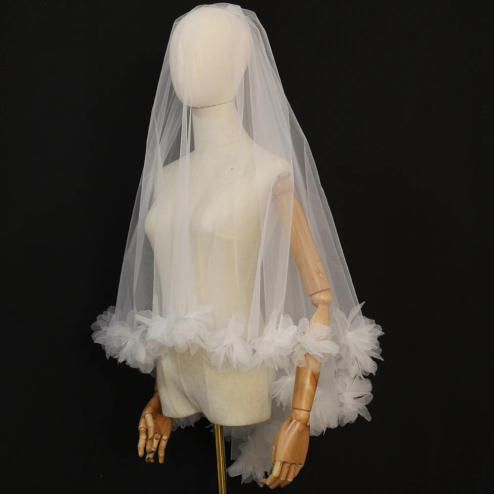 New Bridal Veil with Iris Flowers Two Layers Short Wedding Veil Customized