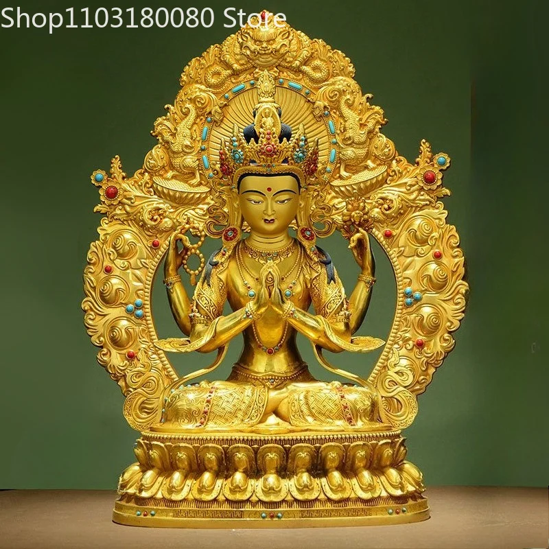 49cm Brass Four-Armed Chenrezig Statue Avalokiteshvara Tibetan Compassion Bodhisattva Sculpture Home Altar Decor 46cm