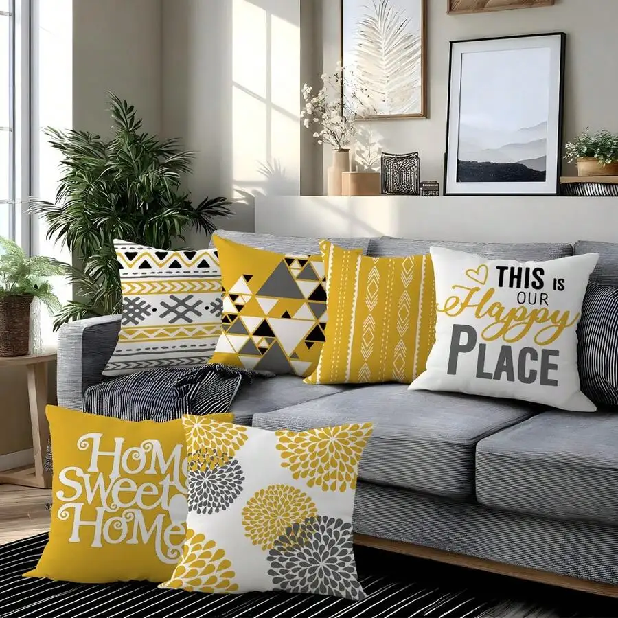 6pcs Modern Minimalist Yellow & Gray Geometric Home Sweet Home & This Is Our Happy Place Cozy Quote Printed Cushion Cover [Pillo