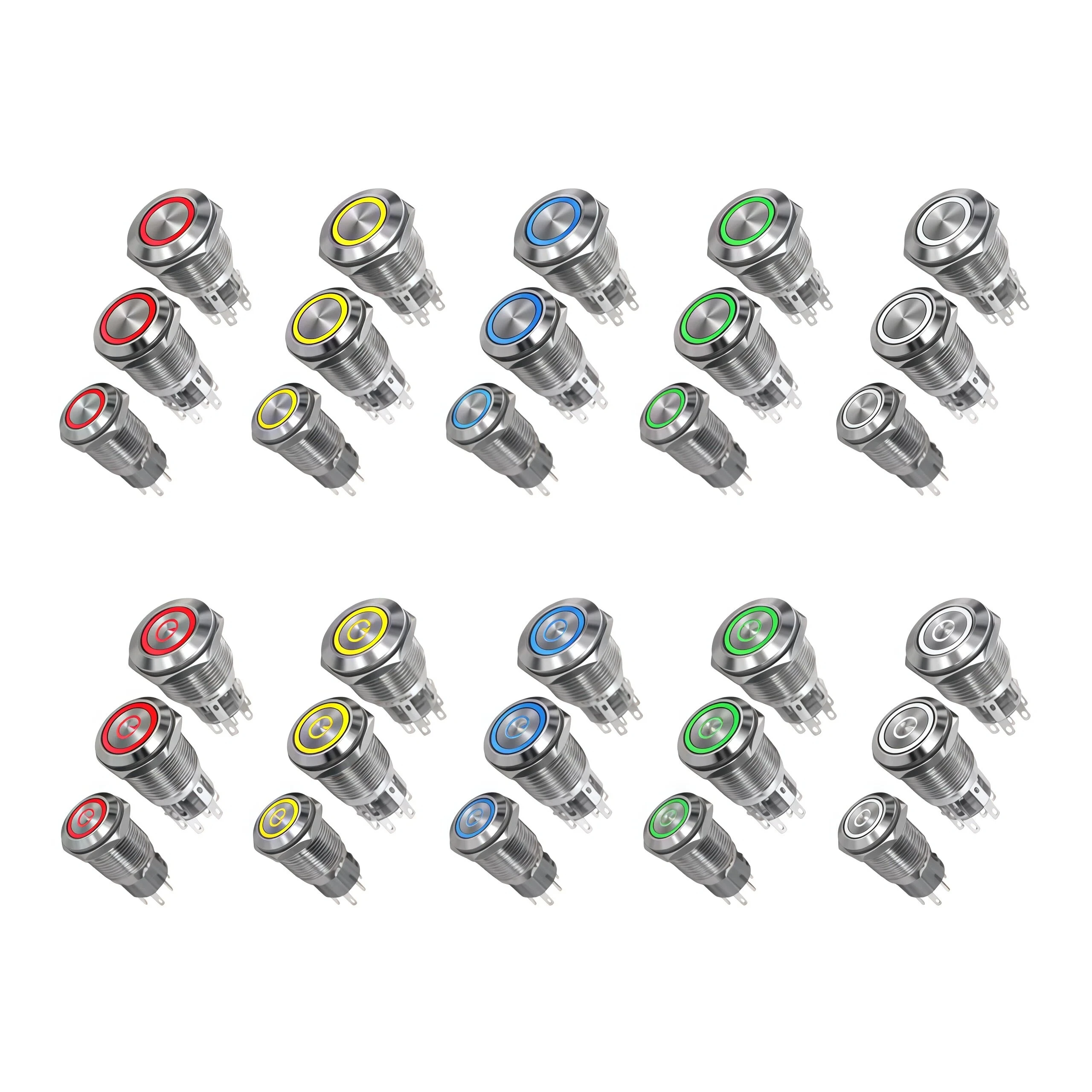 مفتاح زر معدني 16/19/22 مم، اثنان مفتوحان عادةً، اثنان مغلقان عادةً، 6/8 دبوس، قفل ذاتي مزدوج مقاوم للماء