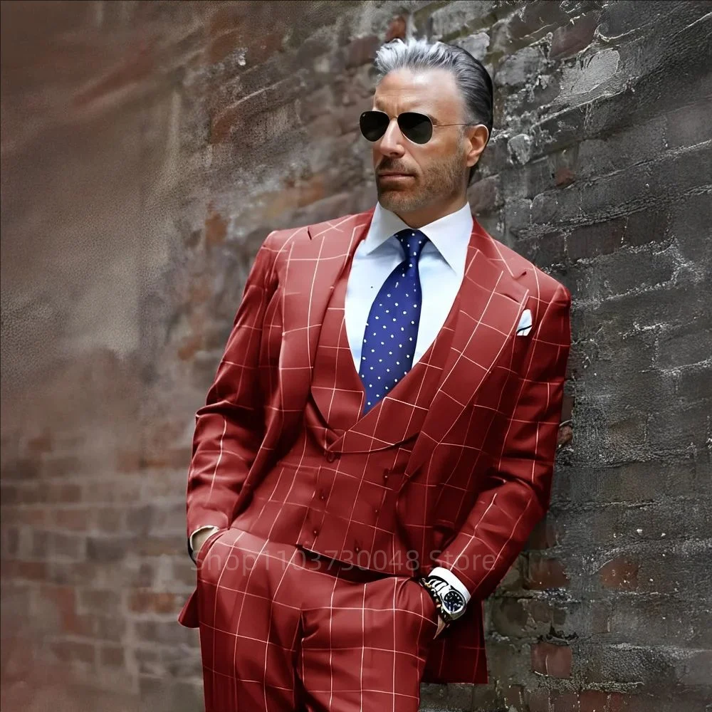 

New Style Plaid 3 Piece Slim Fit Business Men Suits Groom Tuxedos Notch Lapel Single Breasted Blazer Vest Pants Set Men Clothing