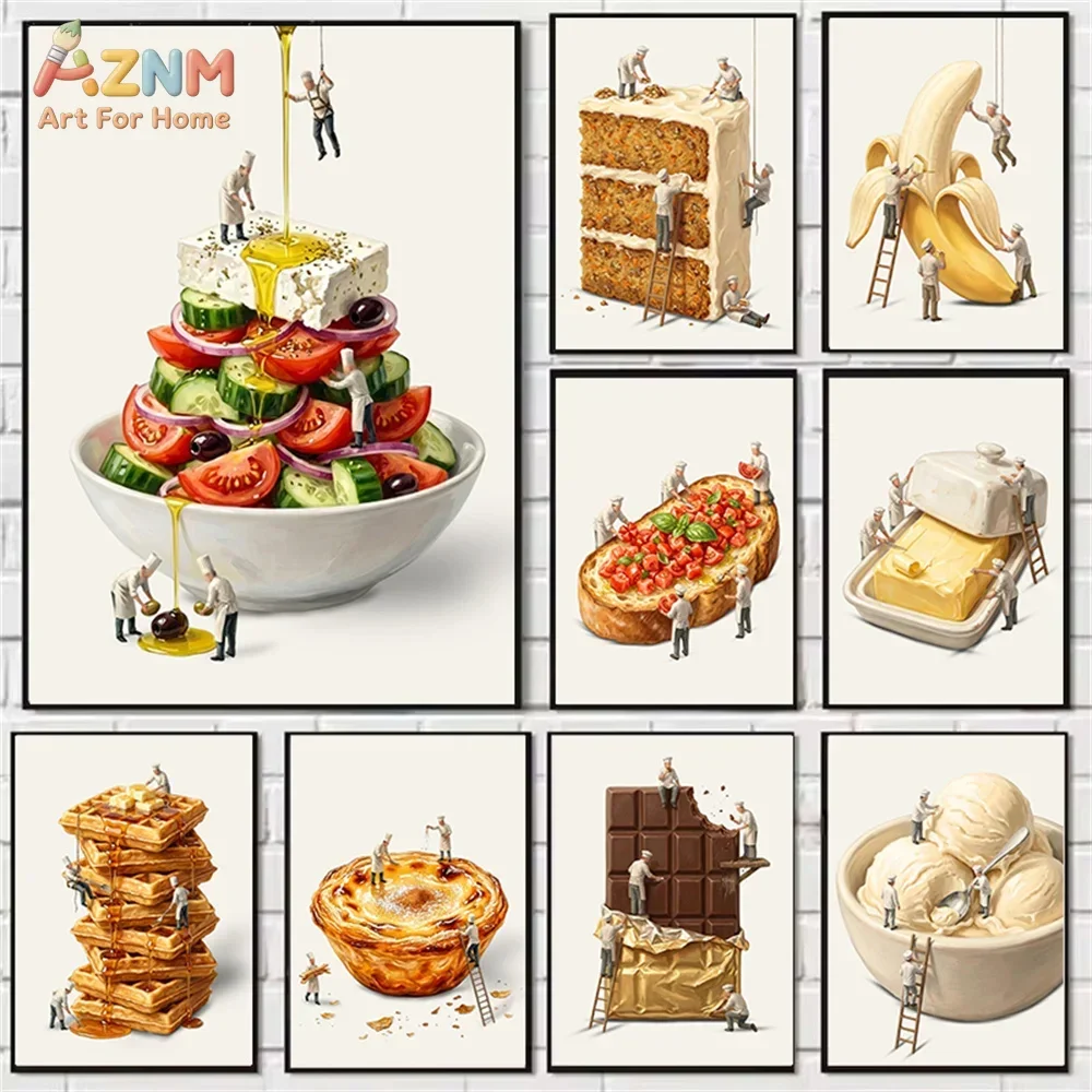 AZNM Miniature Chef Food Canvas Wall Art Print, Funny Tiny Workers Fruit Dessert Kitchen Cafe Decor Poster Gift