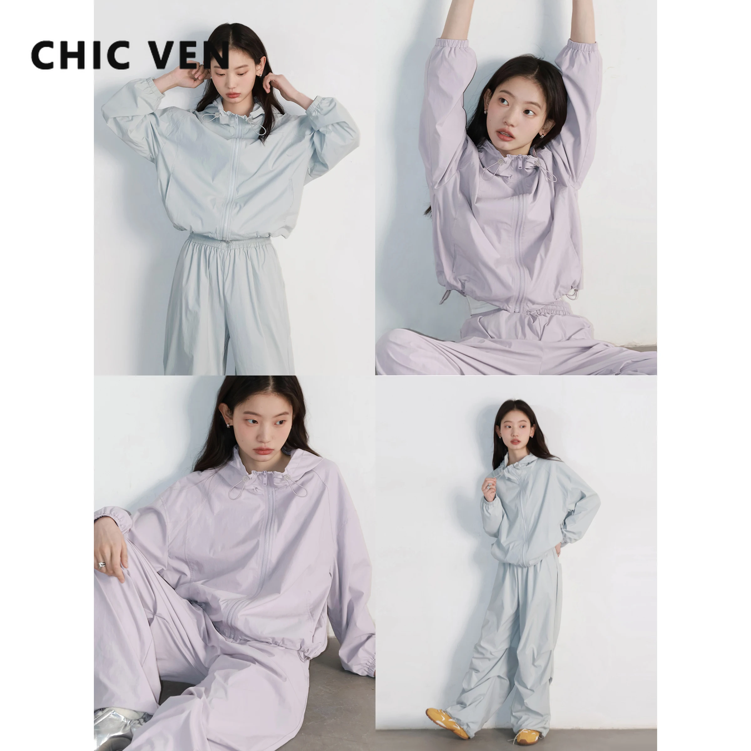 CHIC VEN Women Casual Jacket Hooded Loose Quick Drying Coat Elastic Waistband Drawstring Female Sport Pants Spring Summer 2025
