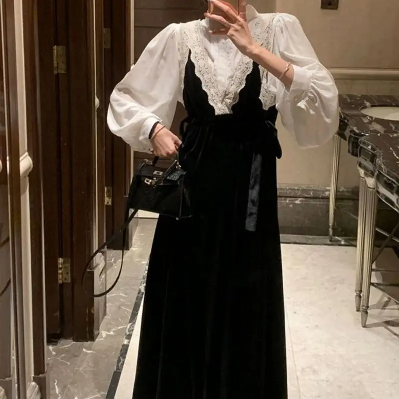 Ins Autumn Black Velvet 2 Piece Dress Set Woman Long Sleeve Lace Crop Tops + Slim French Vintage Long dress Korean Retro Suit