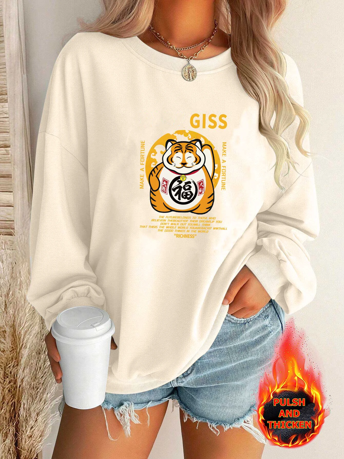 2024 Women Cotton Hoodies Men One Piece  Sweatshirt Lucky Tiger Printed Casual Crew Neck Pullover Winter CLOTHING