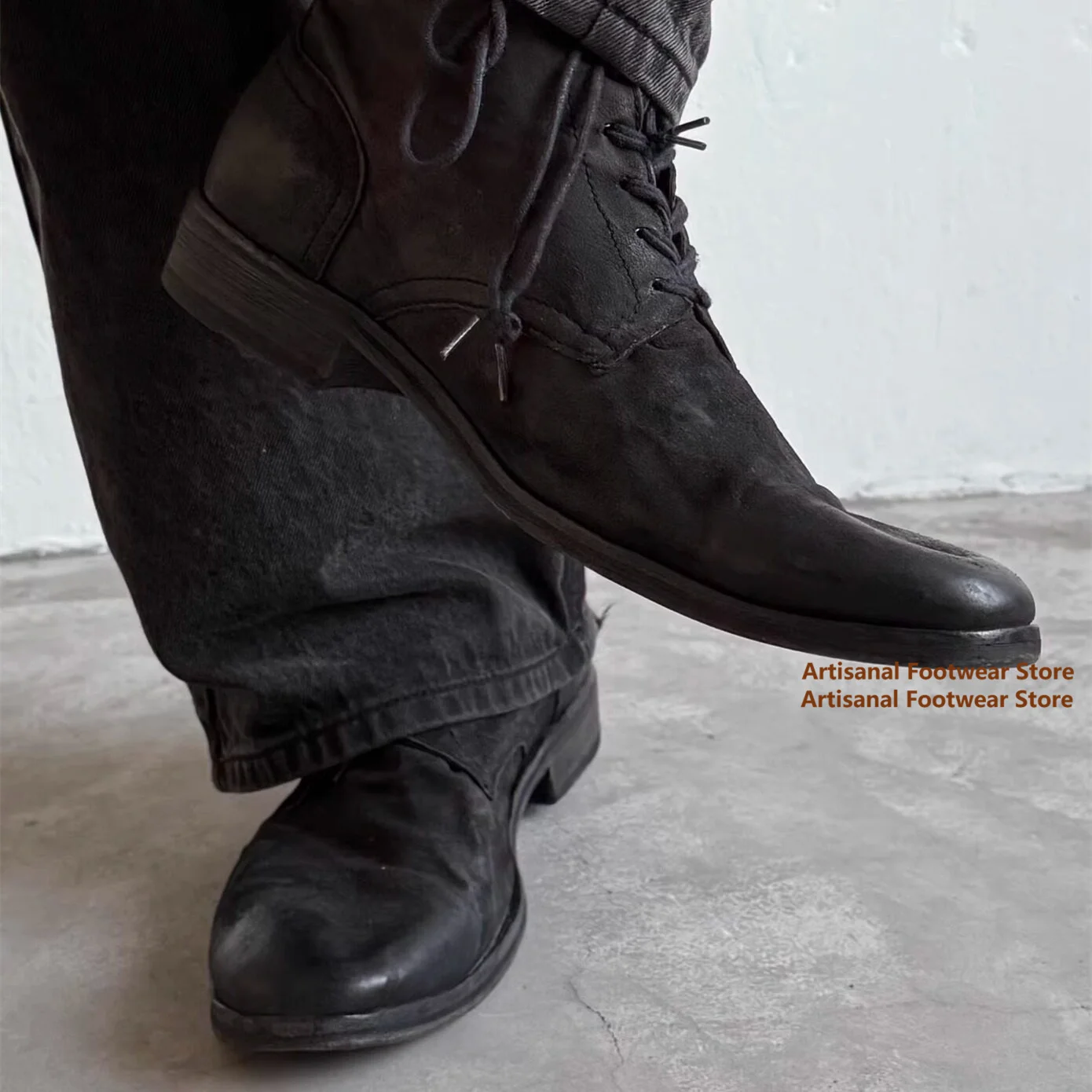 Vintage Soft Leather Casual High Top Men's Boots Black Leather Lace Up Ankle Booties Trendy Handmade Luxury Men's Shoes image 6