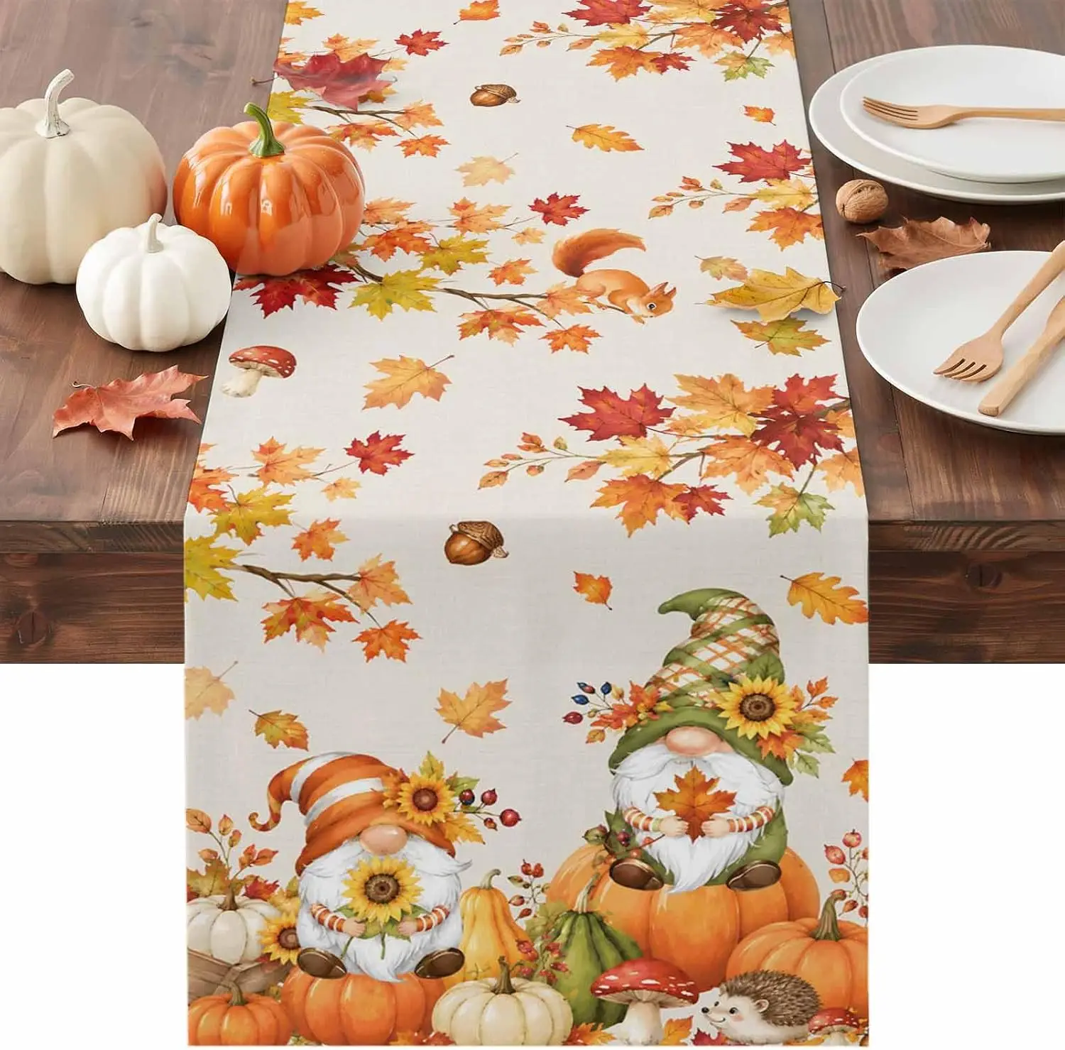 Fall Pumpkins Gnomes Maple Leaf Linen Table Runner Holiday Party Decor Washable Kitchen Dining Table Runner Autumn Decorations
