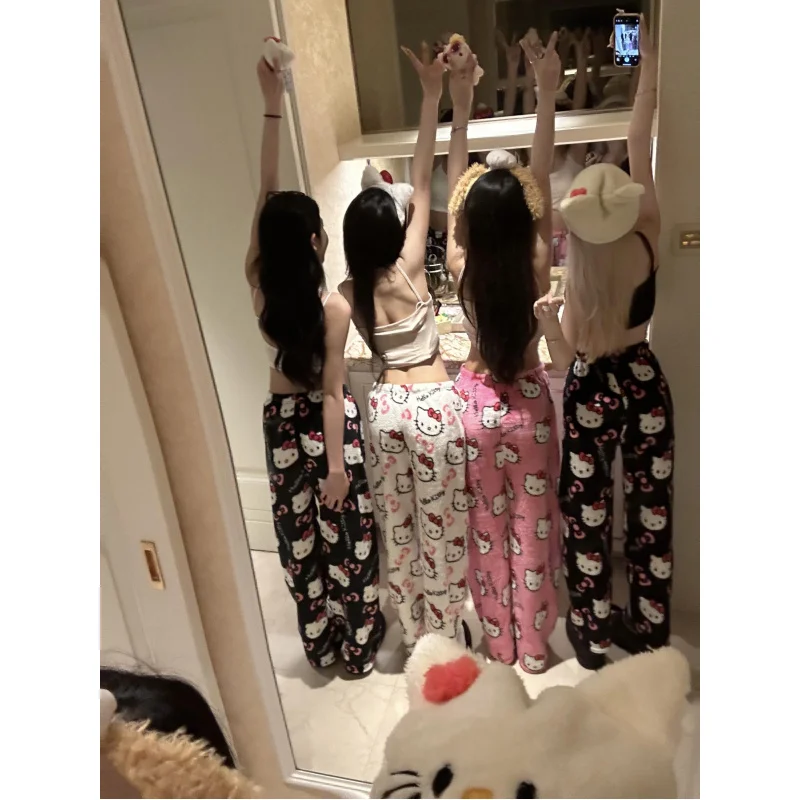 Y2K 헬로 키티 플란넬 파자마 바지 아늑한 라운지웨어 기숙사 필수 귀여운 만화 소셜 미디어 패션 믹스 앤 매치 프린트