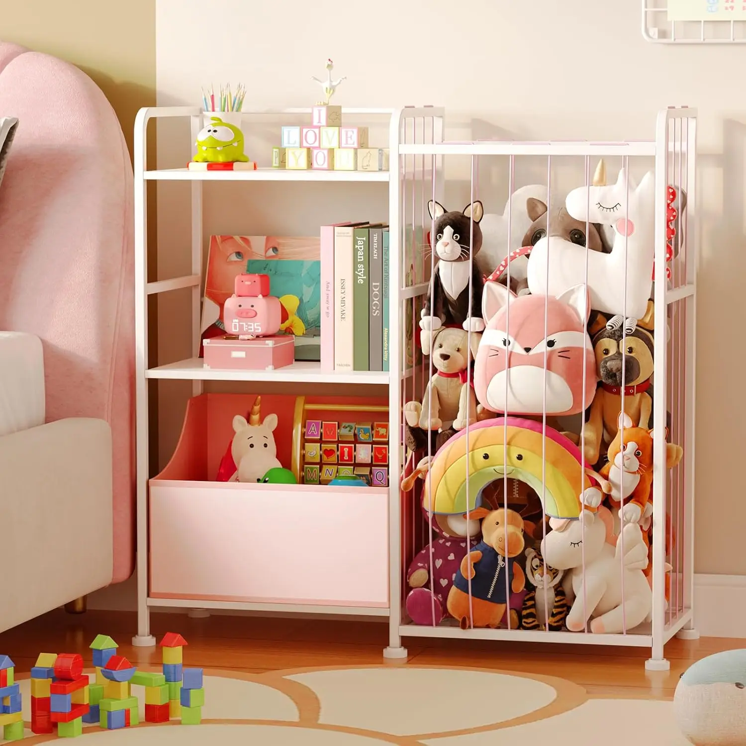 

Stuffed Animal Storage - Stuffed Animal Net with Kids Bookshelf and Toy Organizer, 2-Tier White Bookshelf with Stuffed Animal