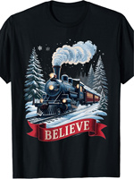 Men's Polar Express Christmas T-Shirt - Soft Cotton Crew Neck Tee with Festive Train & Snowy Pine Tree Design, Comfortable & Bre
