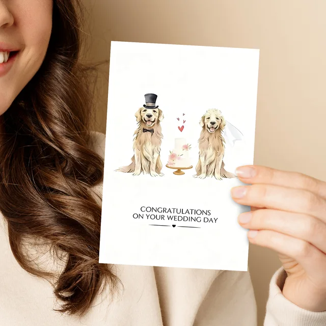 Watercolor gold-haired dog couple dressed as bride and groom - creative and romantic wedding congratulatory card 3