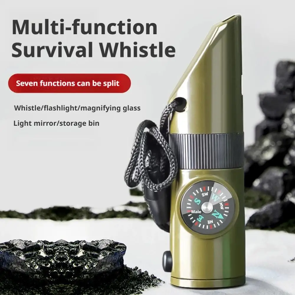 

7 In 1 Multifunctional Portable Flashlight Whistle Emergency Compass Magnifying Glass Thermometer For Outdoor