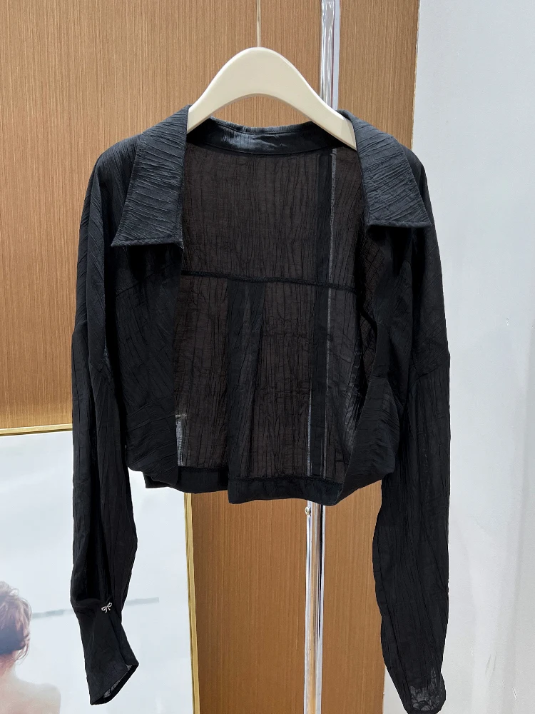 

Chic Loose Long Sve Ice Silk Open Cardigan Women's Summer Blue Anti-Aging Fre Pleated Top French Sle irt Outerwear