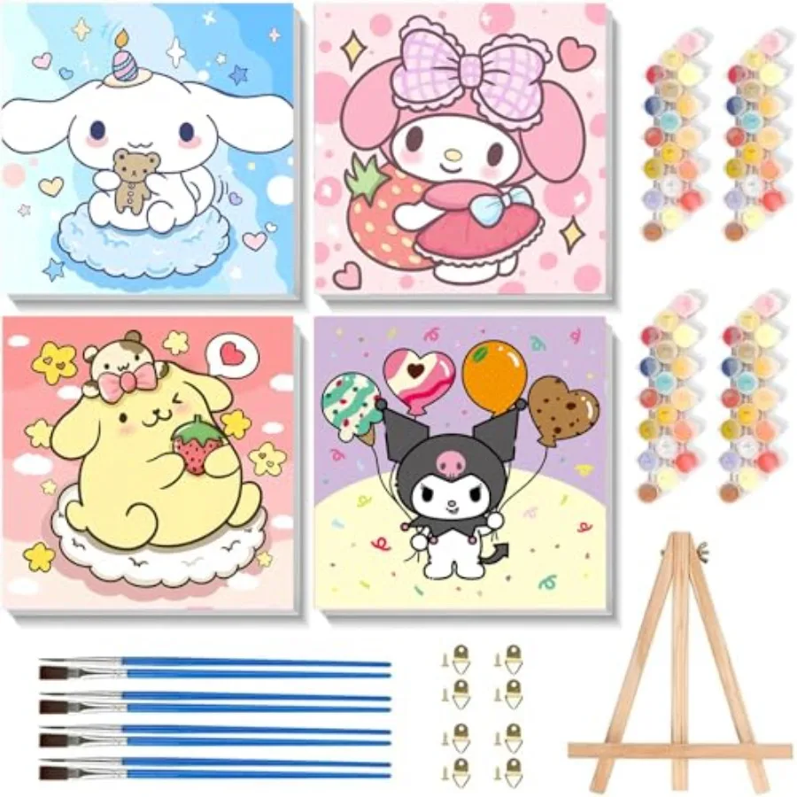 

4 Pack Cartoon Paint by Numbers Kit for with Frame - Wooden Easel, Cute Paint by Numbers Ages 4 8 12, DIY Acrylic Oil Painting