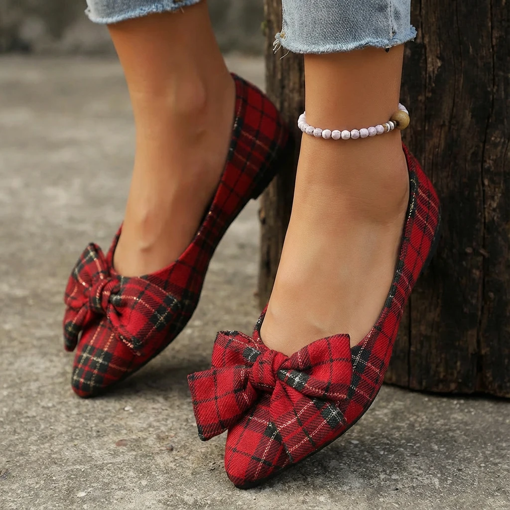 

Spring and Autumn New Women's Retro Plaid Fashion Casual Flat Shoes Bow Decorative Pointy Light and Comfortable Low-top Shoes