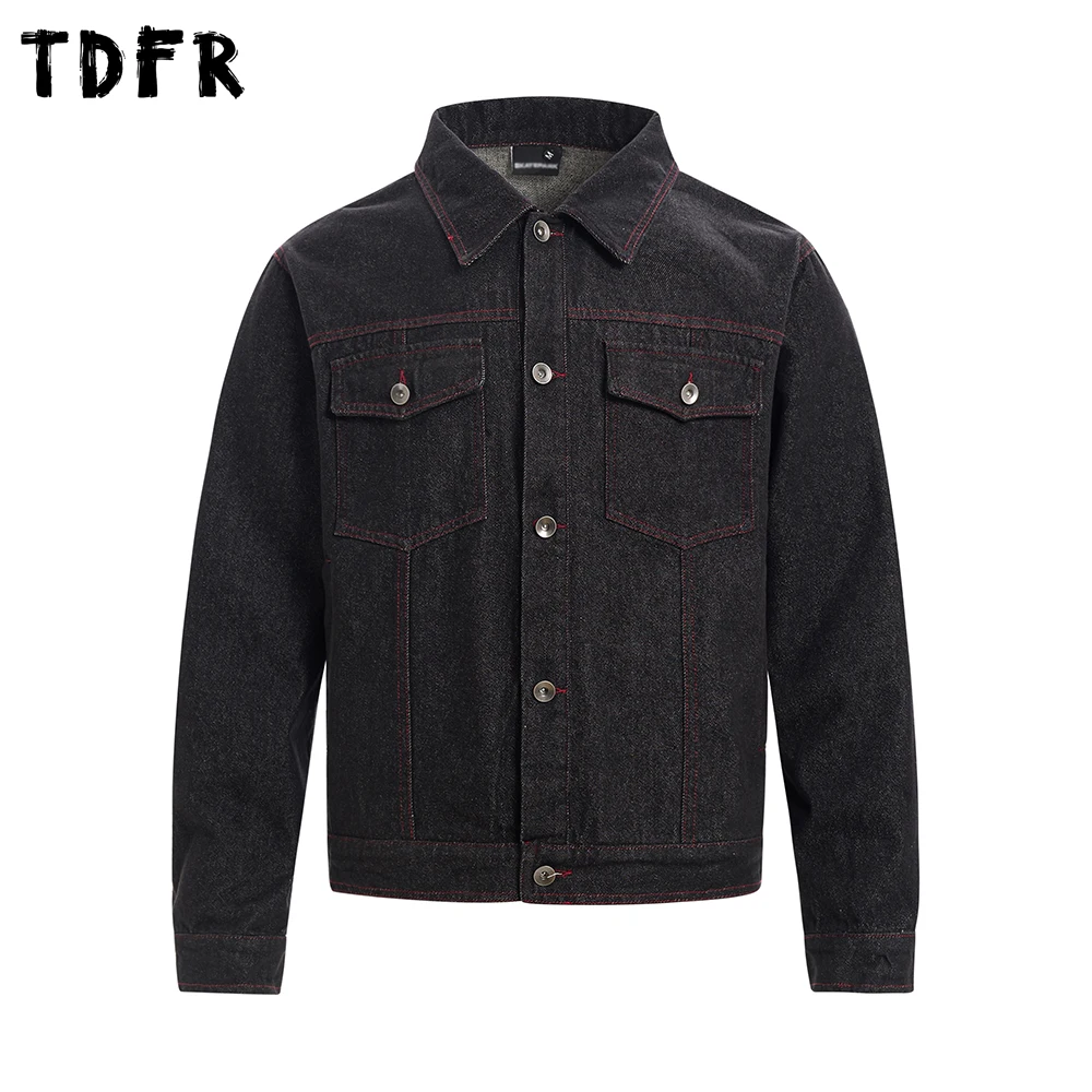 

Pocket Denim Jacket Mens Topstitch Autumn Retro Casual Loose Lapel Single Breasted Long Sleeve Outerwear Man