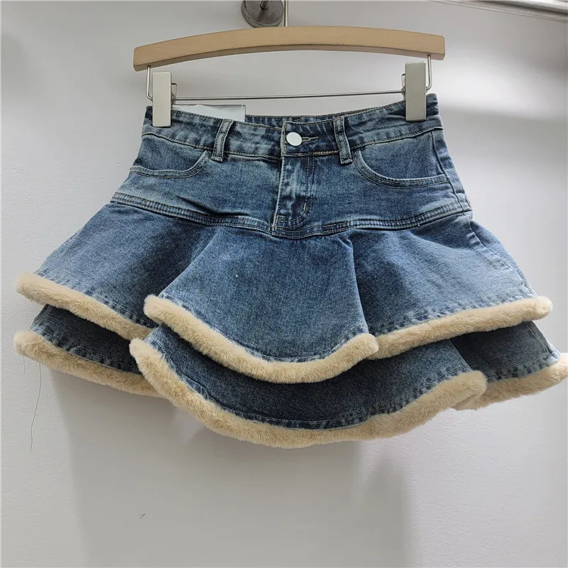 

American Retro Denim Cake Pleated Skirts Women Autumn Ball Gown Stitching Fluffy Tutu Skirts Blue Khaki Black White Hot Girls