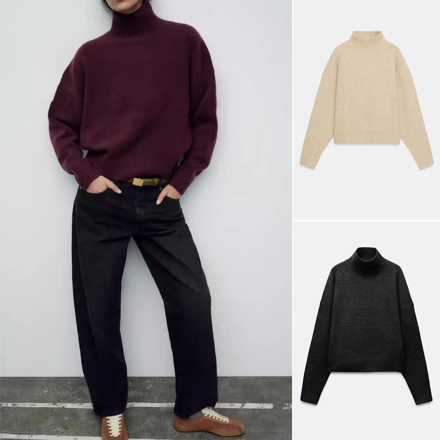 

Autumn Winter New Arrival Women's Loose Fit Soft Stand Collar Long Sve Flat Knit Sweater Casual Top Polyester Fiber