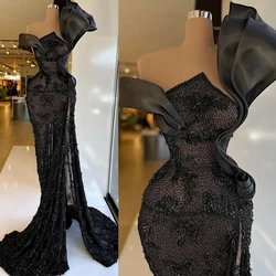 Glamorous Evening Dresses Strapless Prom Gowns Custom Made Beading Side Split Ruffles Party Dresses