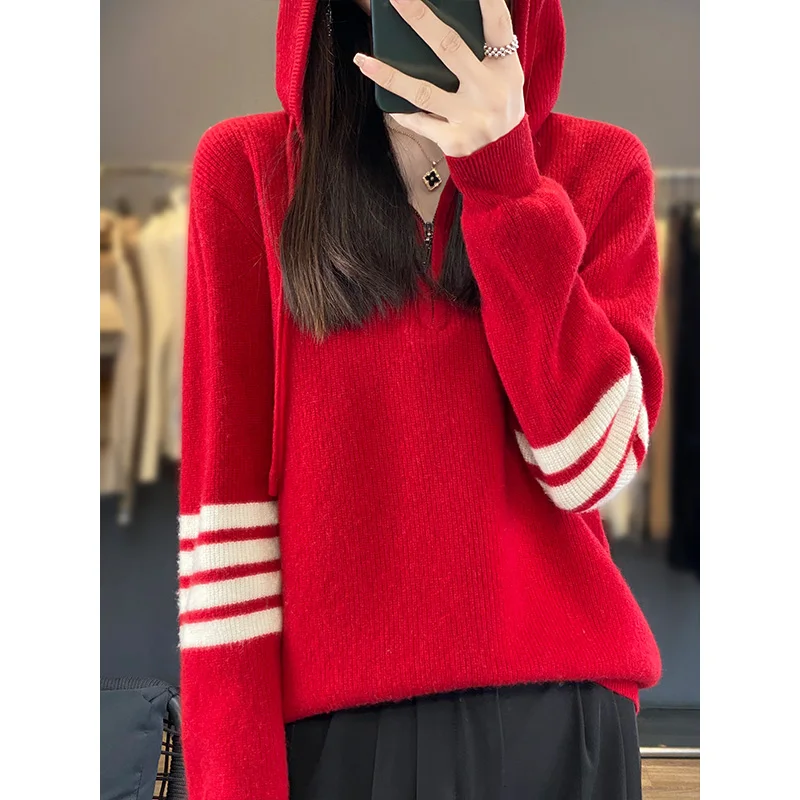 2023 Autumn Winter New Woolen Sweater Women's Hooded Long Sleeve Pullover Color Block 100% Pure Wool Loose Relaxed Half Zip Knit