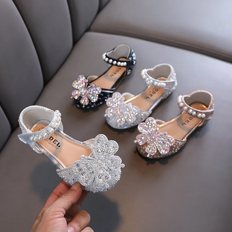 New Girls Sandals Bling Butterfly Princess Party Dance Shoes Student Flats Kids Performance Shoes Children Pearl Wedding H250