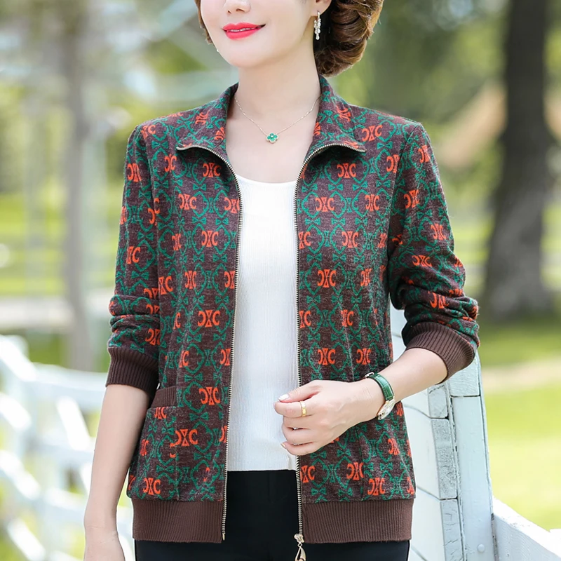 

2024 Women's New Spring Autumn Middle-aged Print Coats Female Short Pockets Jackets Ladies Long Sleeve Loose Overcoats Q20