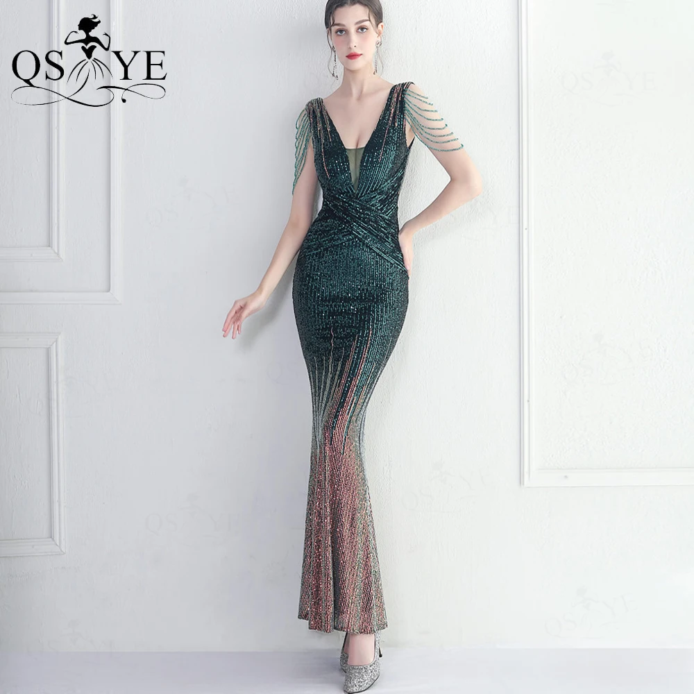 Cordas frisadas desbotam verde vestidos de noite sereia crisscross plissado vestido de baile glitter ruched decote em v esmeralda lantejoulas vestido formal